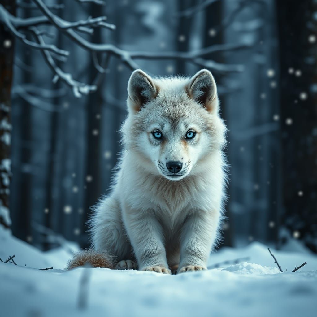 Majestic Winter Wolf Cub in Snowy Forest