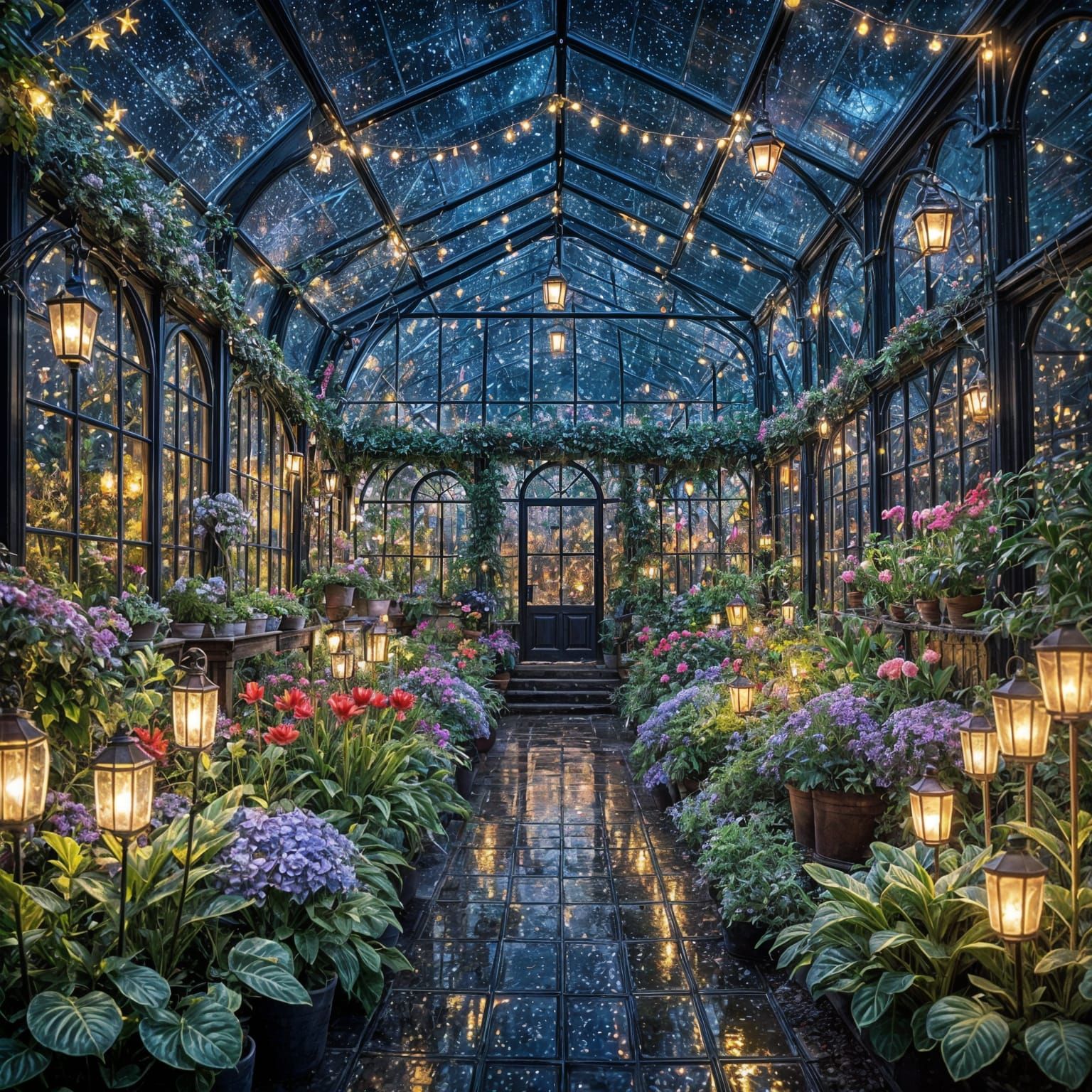 Vibrant Glasshouse at Night, Under Starry Skies
