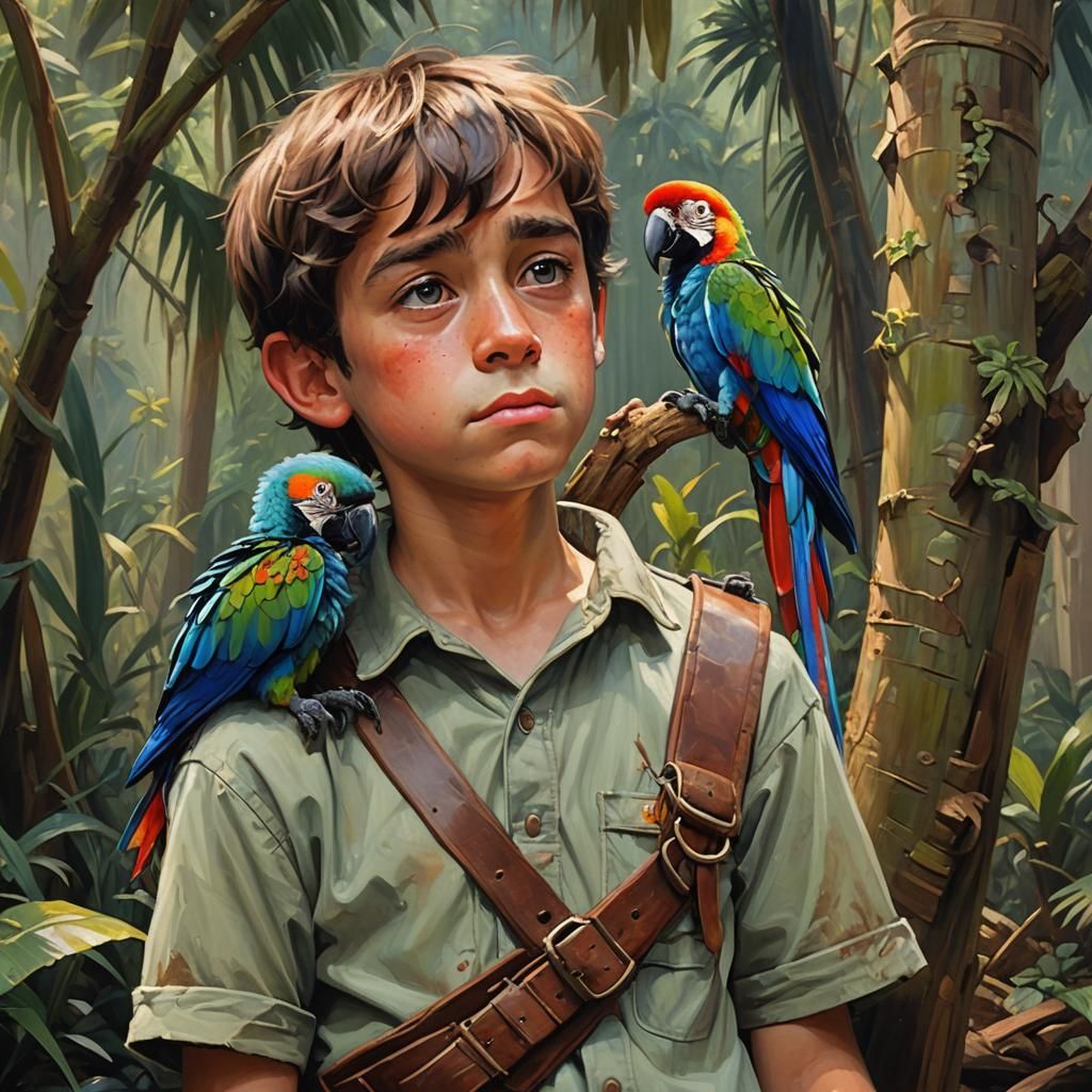 Macaw Comforts Sad Boy: Pixar-Style Oil Painting