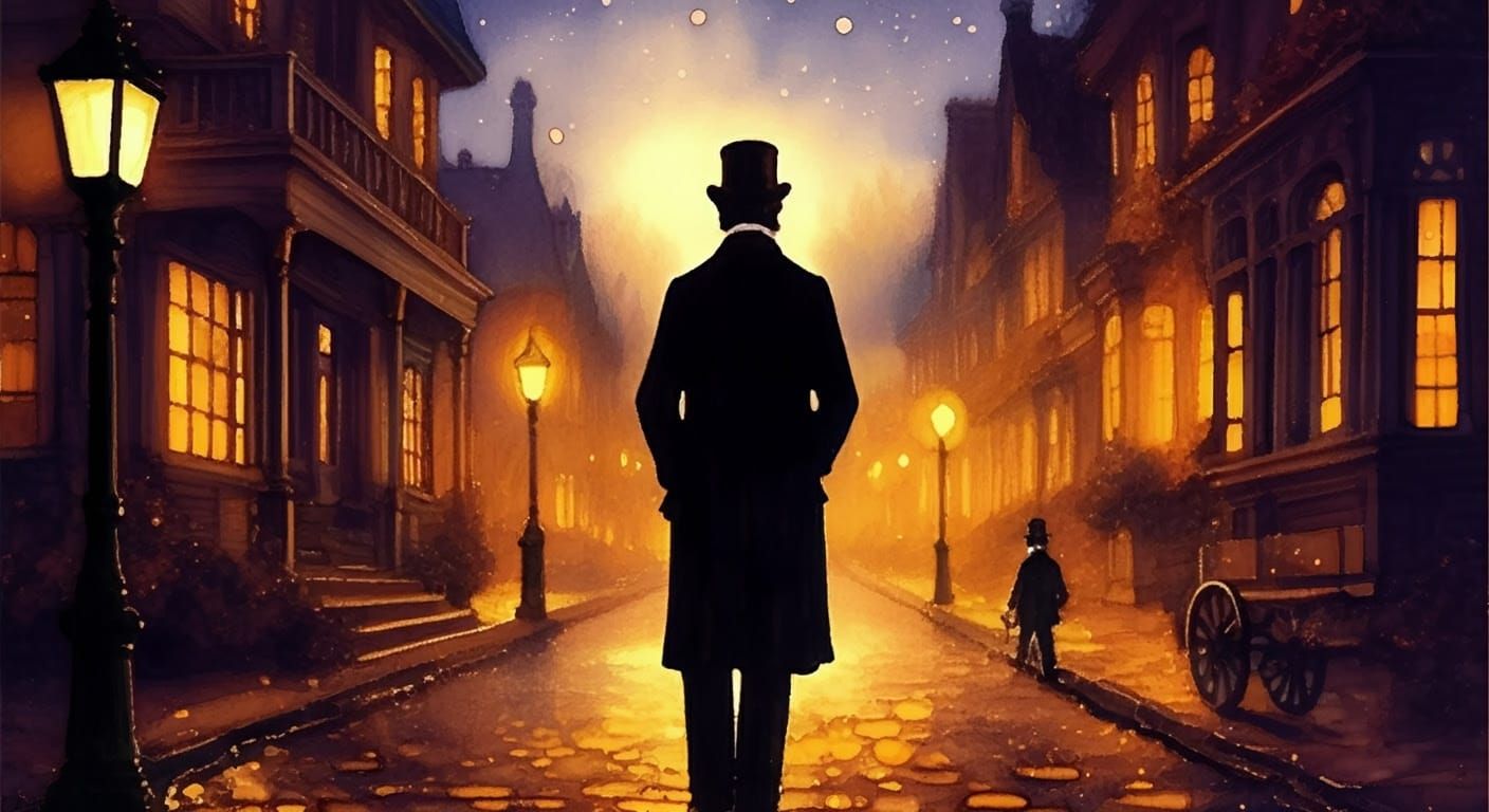 Victorian Street Scene at Night in Whimsical Watercolor