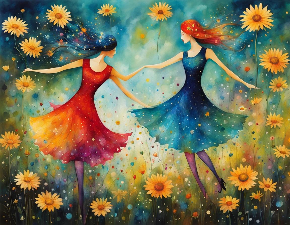 Dancing Daisies: Surreal Whimsical Alcohol Ink Illustration