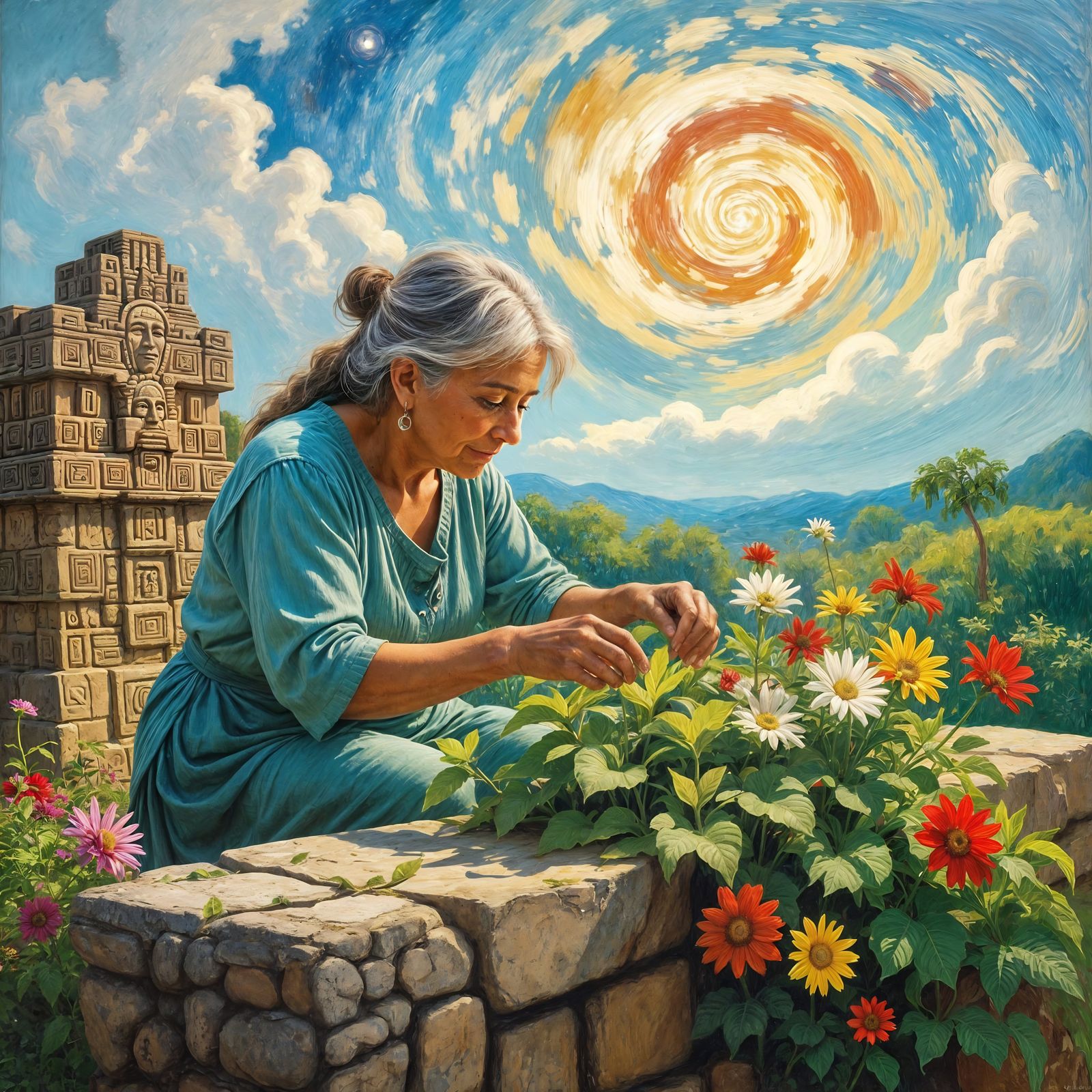 Timeless Wisdom: Mayan Deity Garden in Impressionistic Style