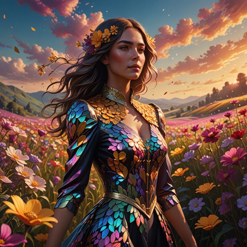 Elegant Woman in Iridescent Flower Field, Digital Art