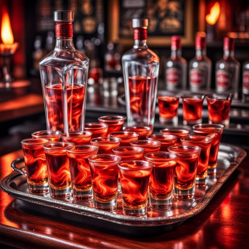 Flaming Red Vodka Shots in Hyperrealistic Fantasy Bar