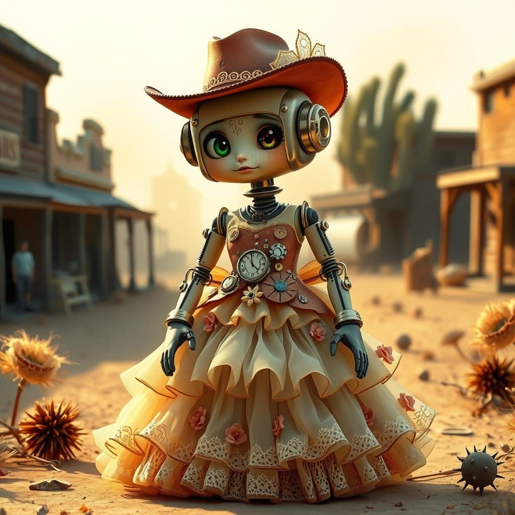 Whimsical Robot in Vintage Floral Gown Stands in Old Western...