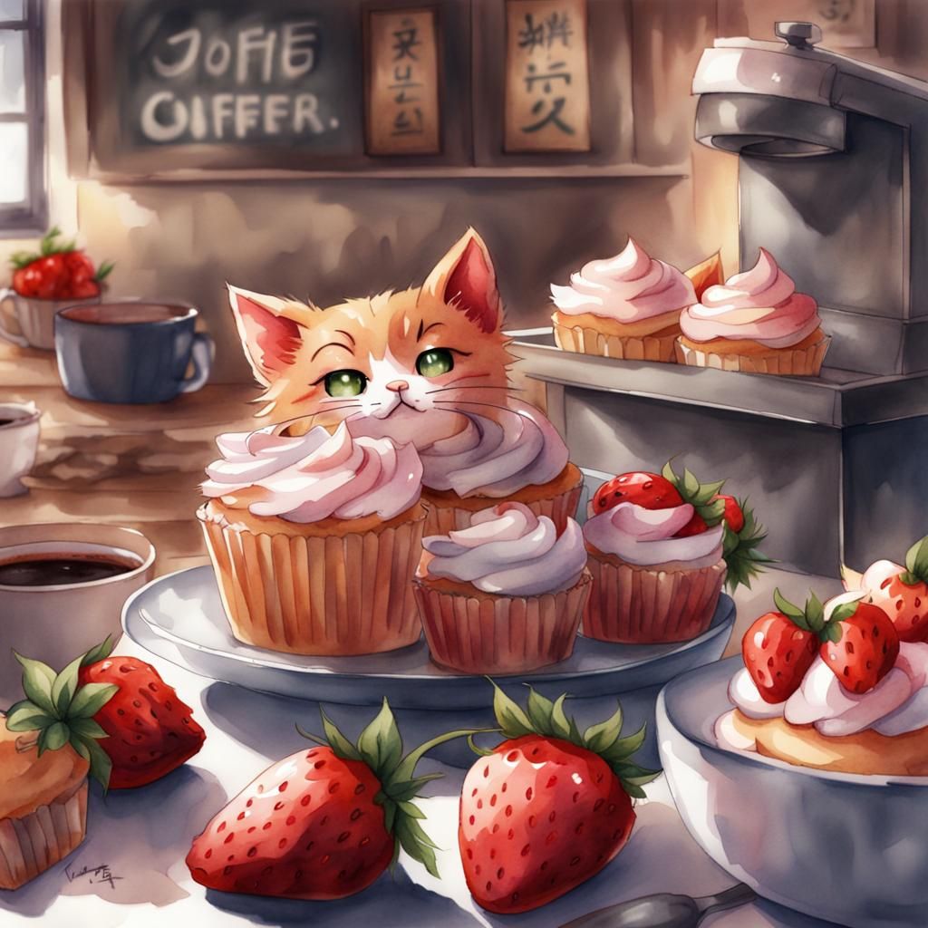 Watercolor Bakery Counter with Cat in Anime Style