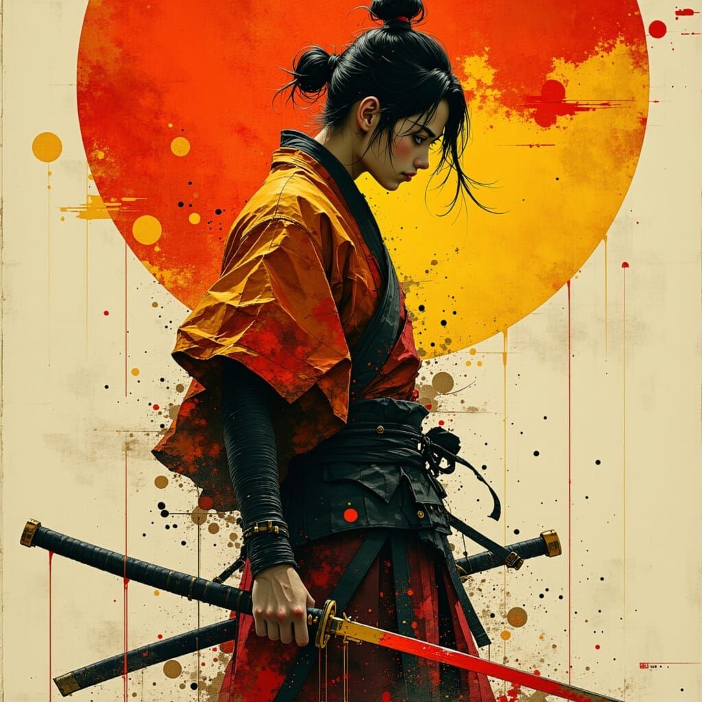 Samurai Warrior in Iaido Stance with Katana