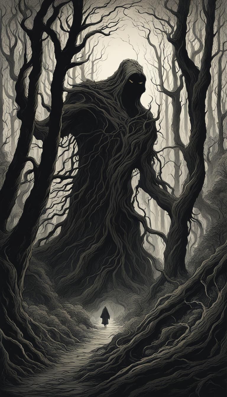 Haunting Forest Landscape Sketch in Doré Style