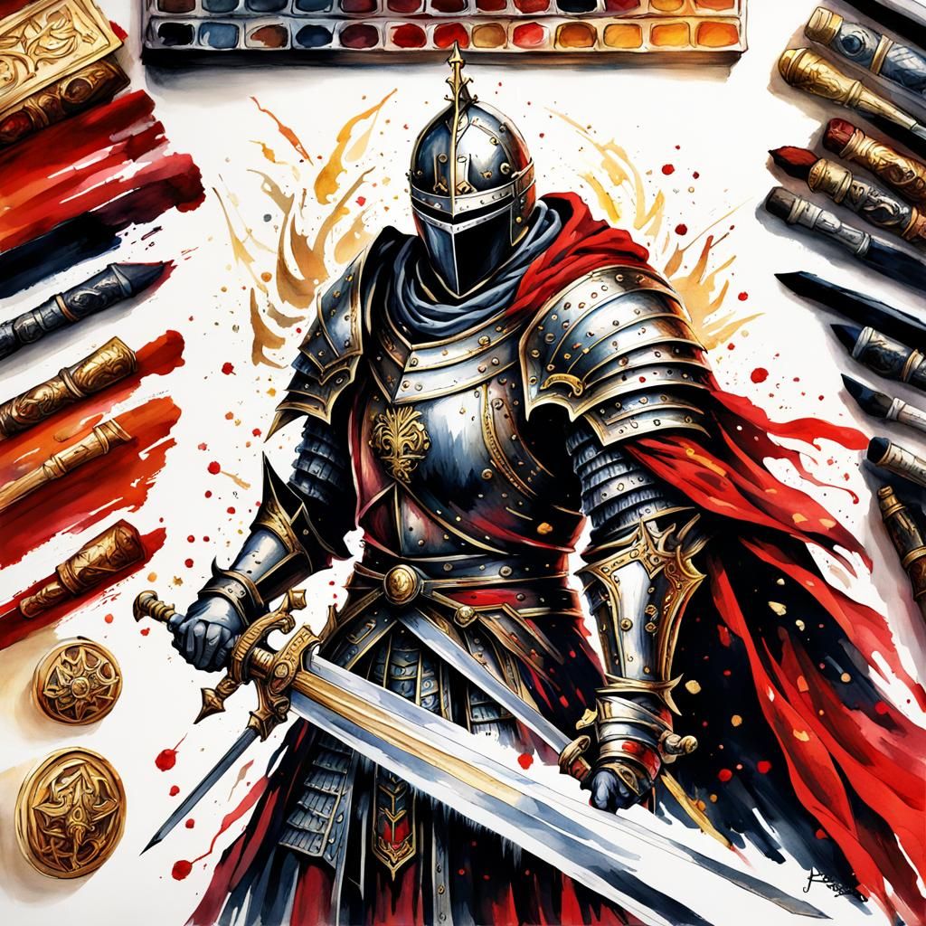 Gothic Knight with Longsword in Watercolor Style