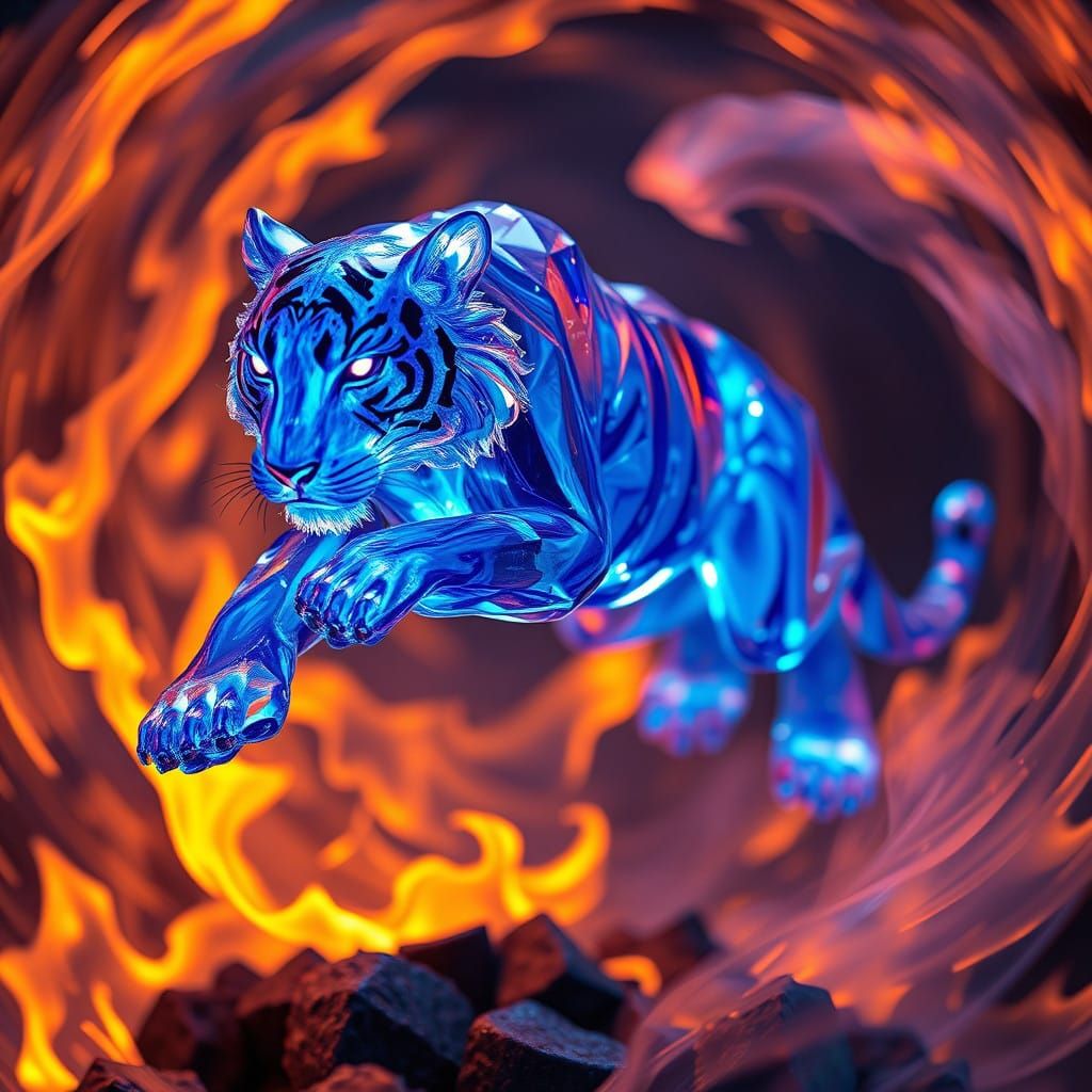 Glass Tiger Leaps Through Fiery Flames in Vibrant, Photoreal...