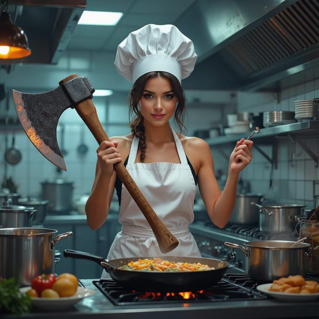 Chef with Axe: Industrial Rustic Kitchen Scene