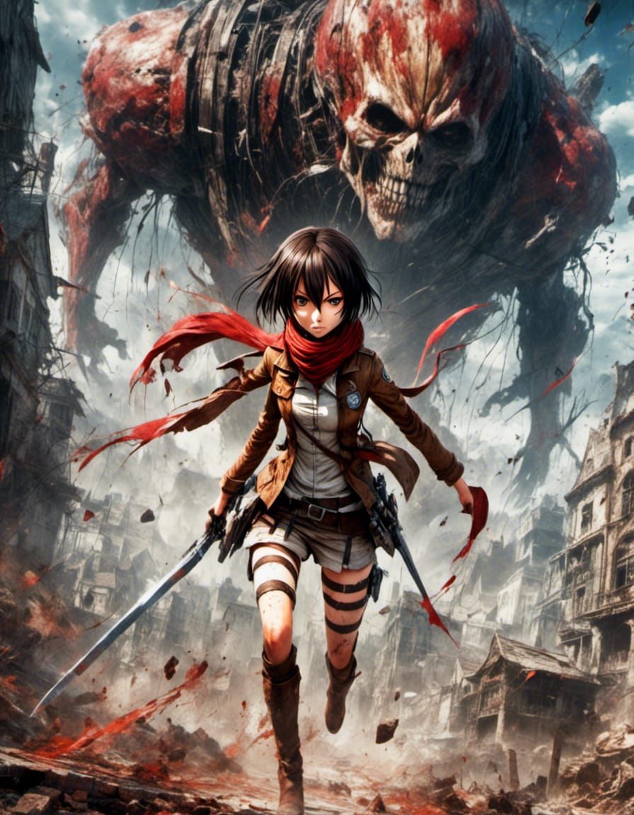 Mikasa Ackerman in Cyberpunk Style Action Shot