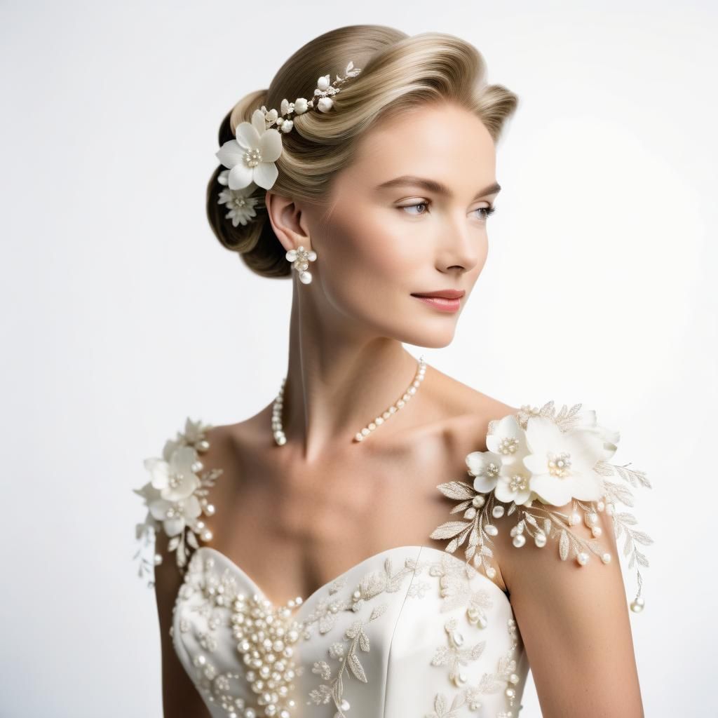 Elegant Woman with Pearls and Floral Embroidery