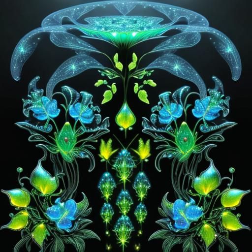 Bioluminescent Fractal Plants in Galactic Night Sky