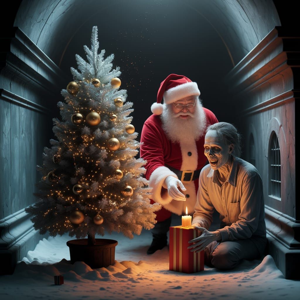 Santa Claus and Zombie Share Christmas in Gothic Crypt