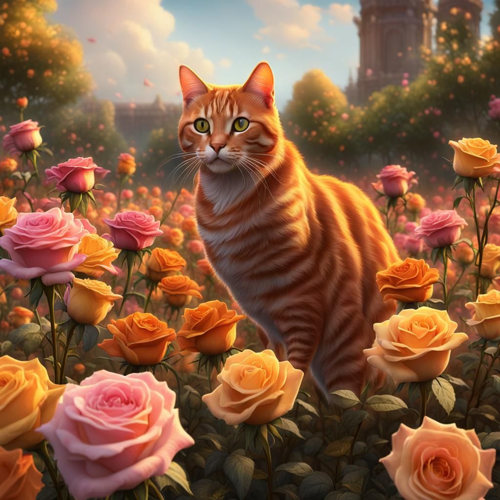 Ginger Cat in a Field of Colorful Roses