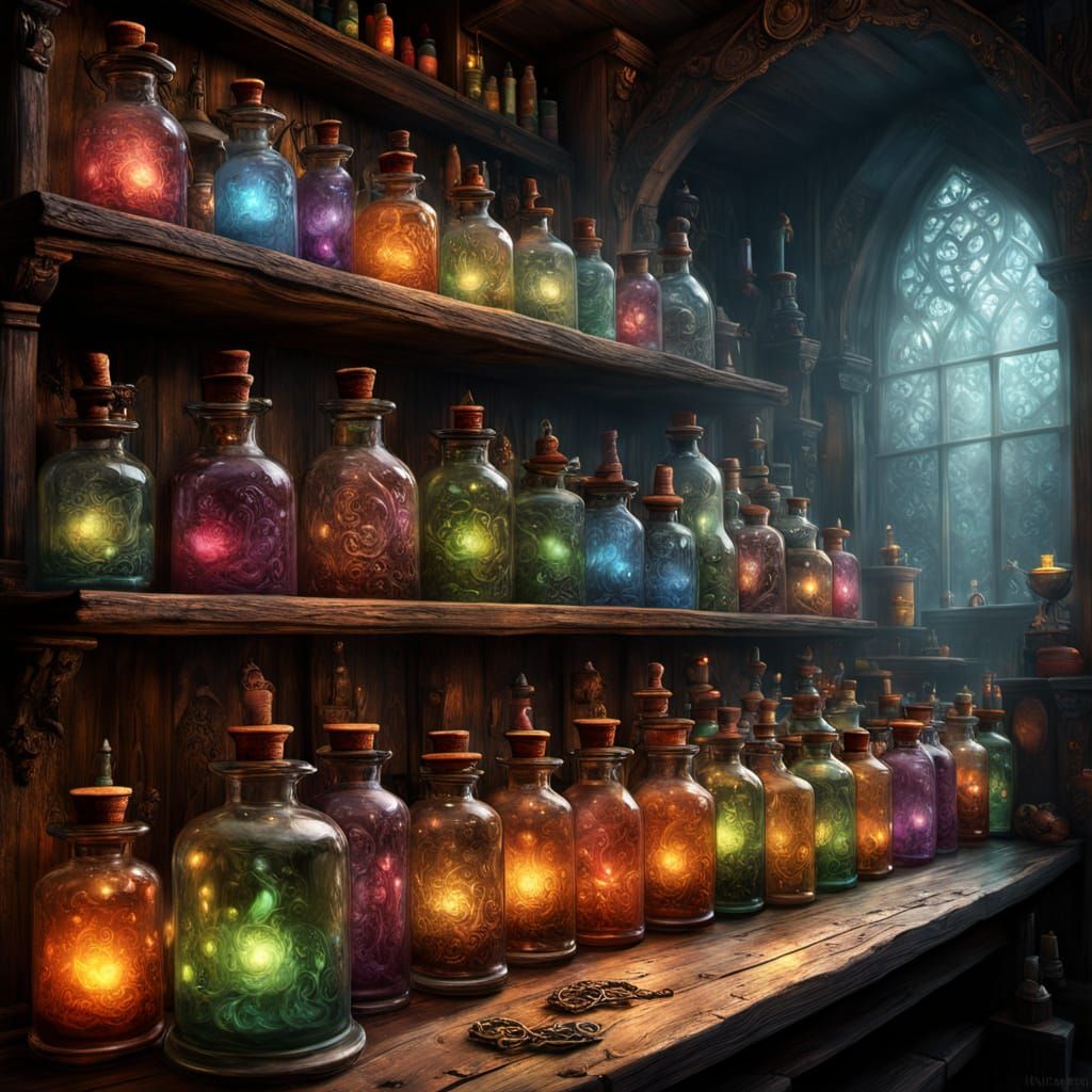 Magical Potions in Dimly Lit Alchemist Workshop