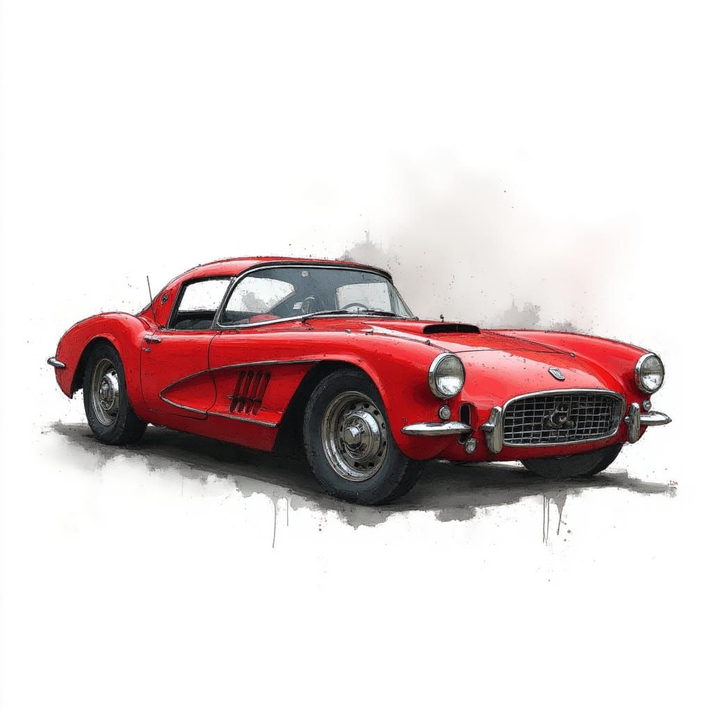 Vintage Car in Black and Red Ink on Canvas