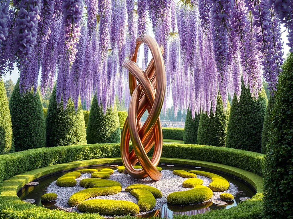 Surreal Garden with Twisted Copper Sculpture and Lavender Wi...