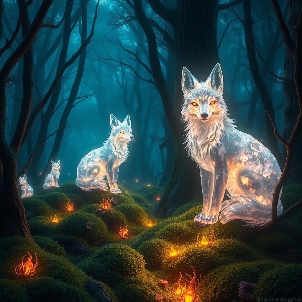 Fantasy Crystal Foxes in Enchanted Bioluminescent Forest