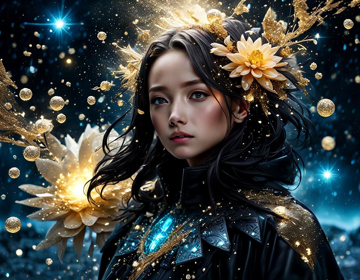 Glowing Crystal Dahlia Amidst a Golden Glitter Storm