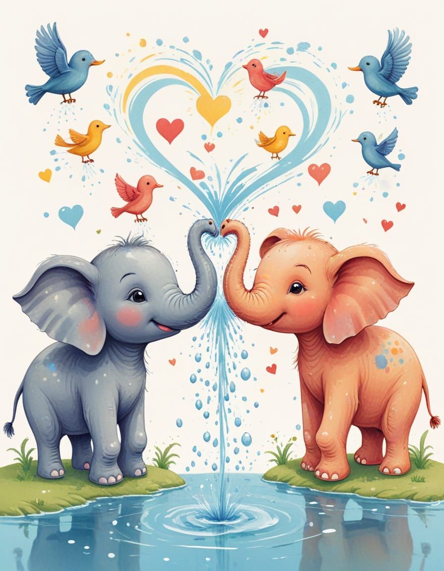 Cute Elephants Spray Heart-Shaped Water in Whimsical Cartoon...