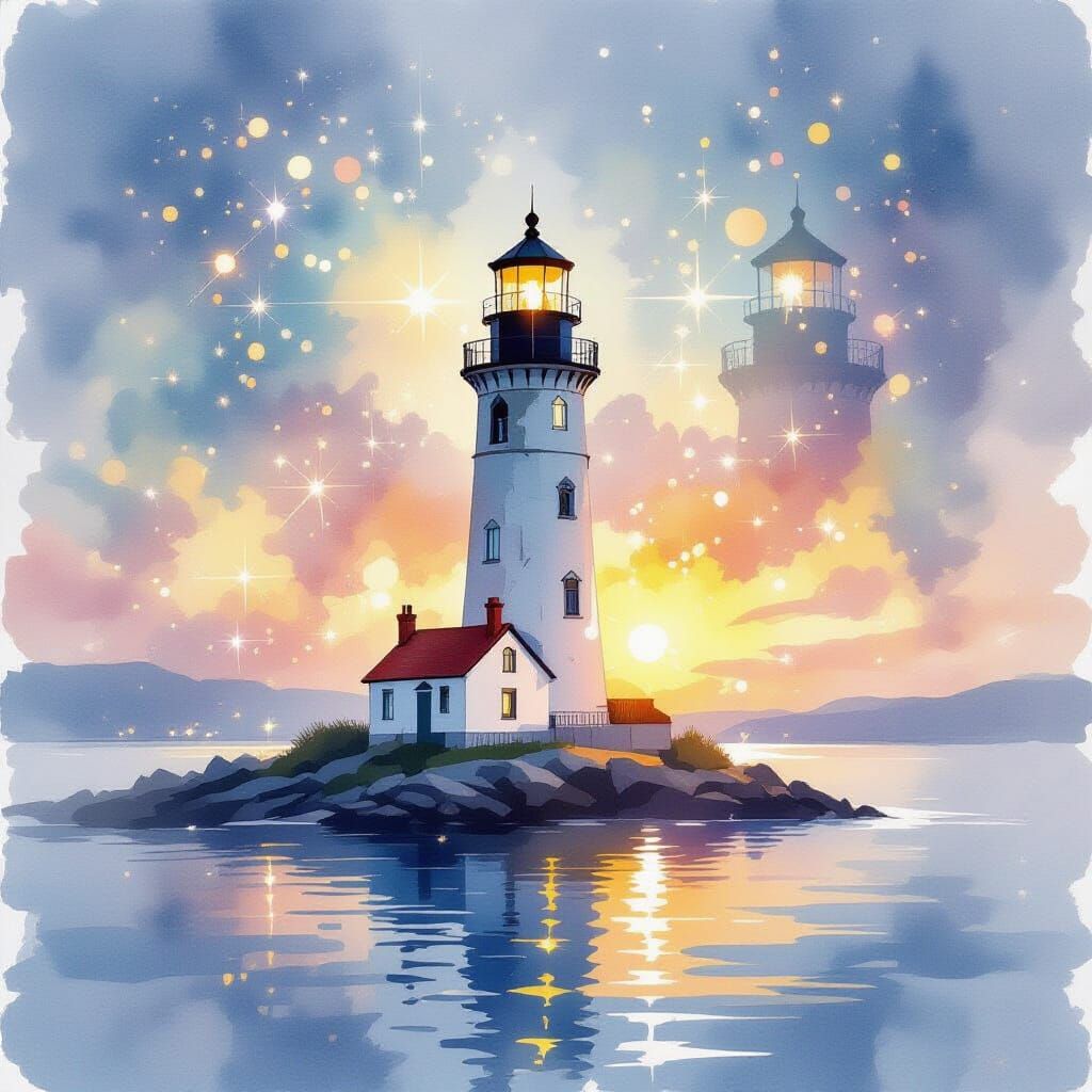 Abstract Lighthouse with Bioluminescent Reflection in Waterc...