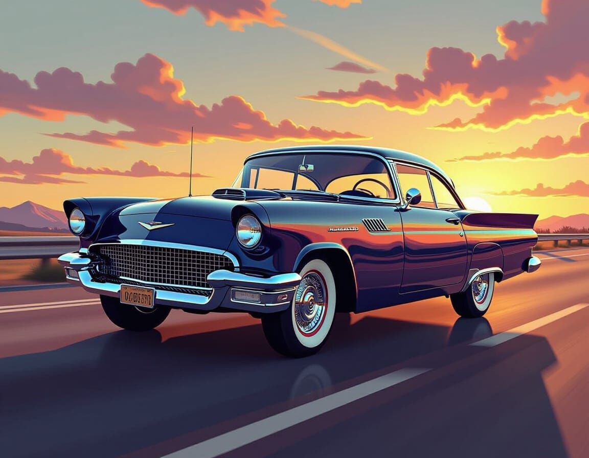 Retro Car on Highway at Sunset, Poster Art