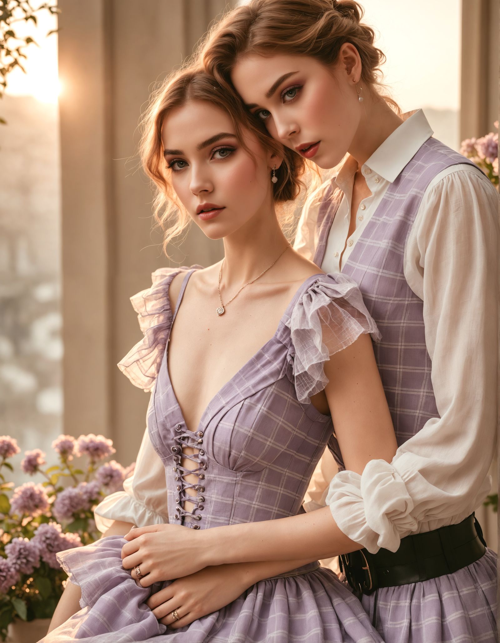 Elegant Couple Embracing in a Whimsical Garden