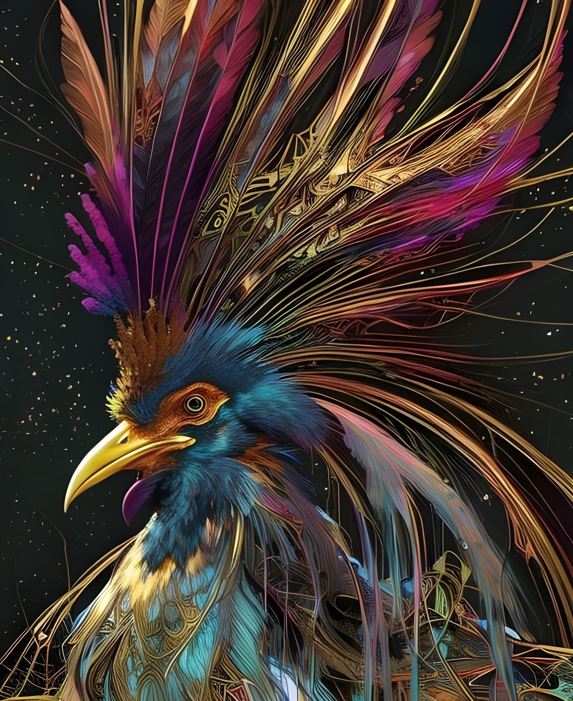 Electric Rooster Portrait with Gold Outlines