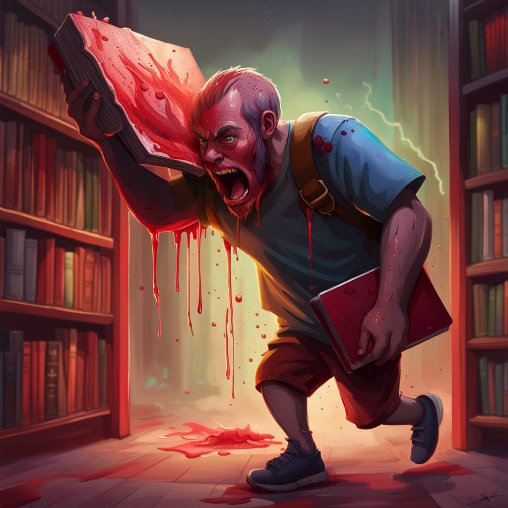 Hyperrealistic Little Guy with Giant Bleeding Book