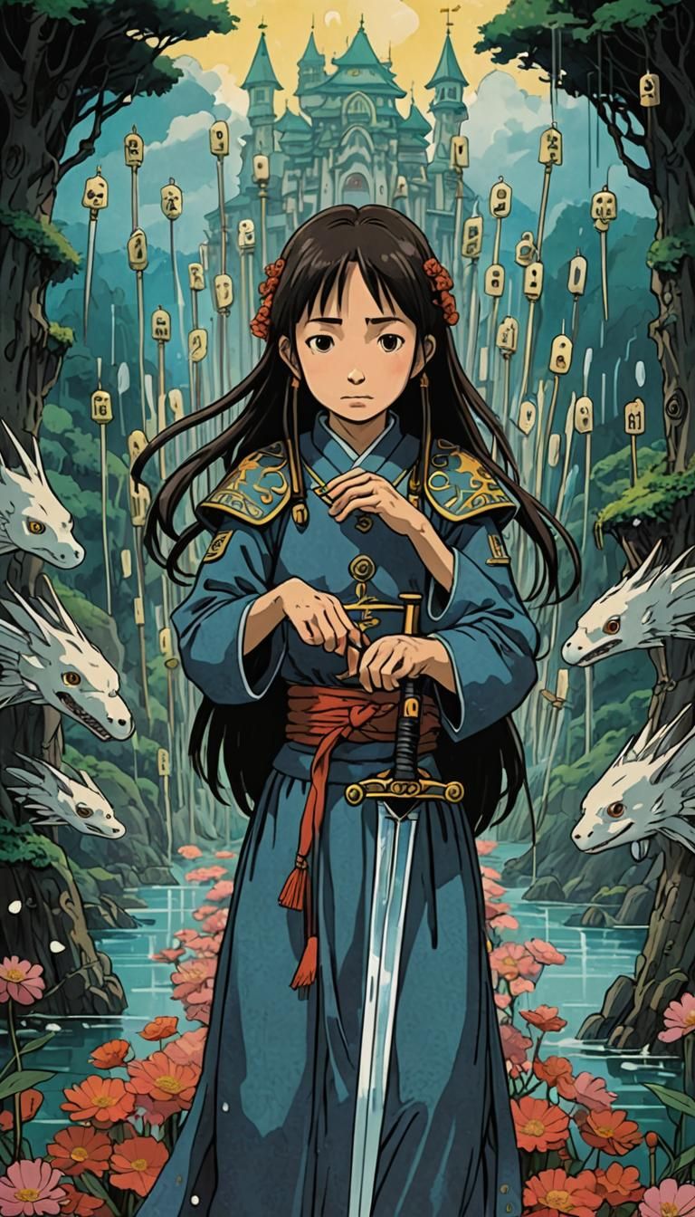 Ten of Swords Tarot Card in Ghibli Style