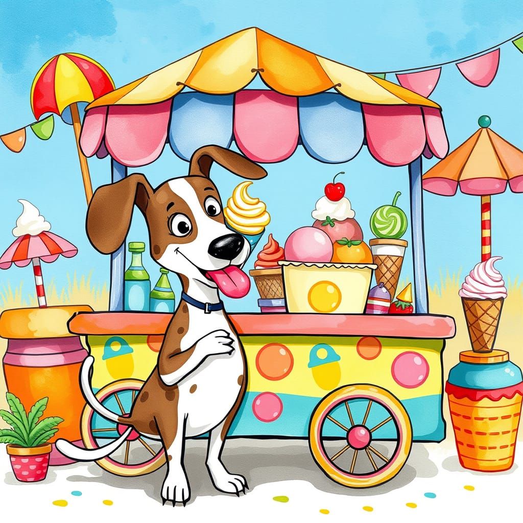 Whimsical Dog Enjoys Colorful Ice Cream Treats in Summer
