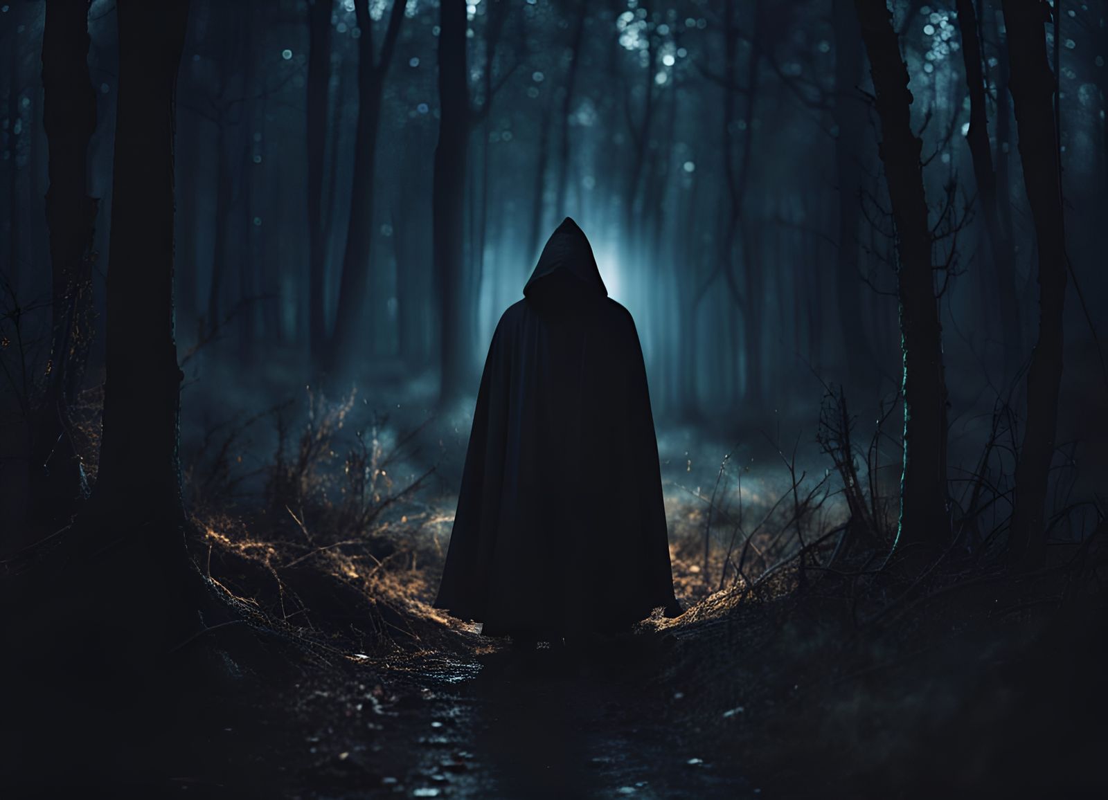 Eerie Hooded Figure in Dark Forest at Night