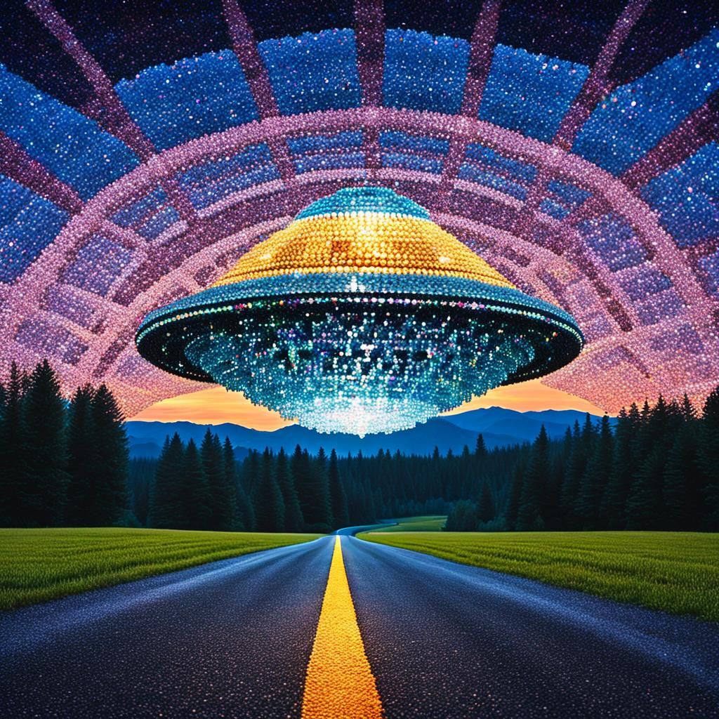 Crystal UFO over Country Road at Dusk