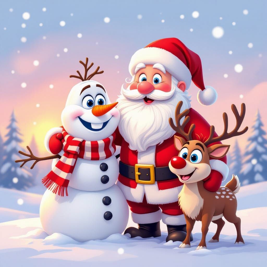 Joyful Winter Scene with Snowman, Santa, and Reindeer