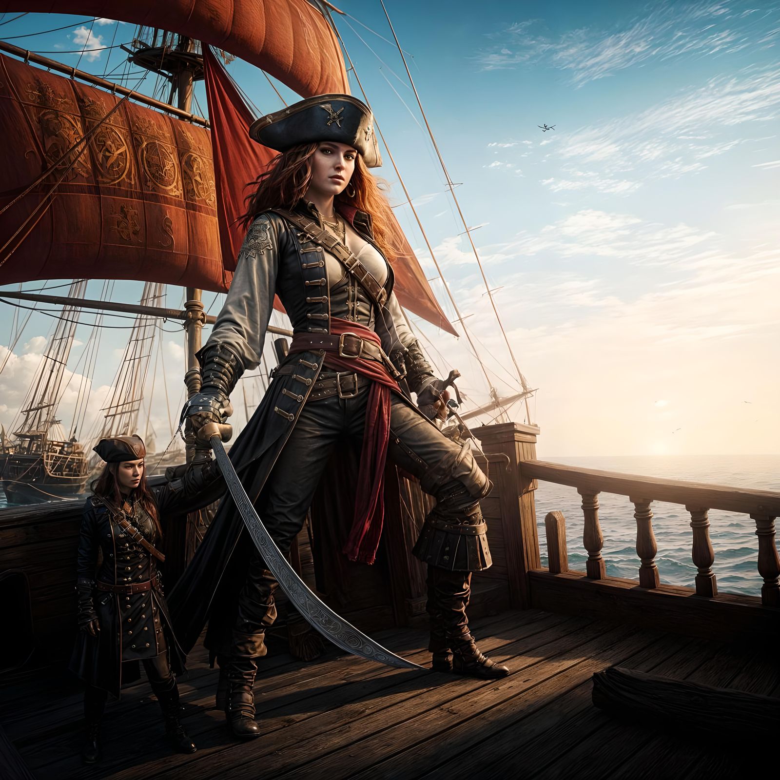 Lady Pirate Captain Battles On Sailing Ship