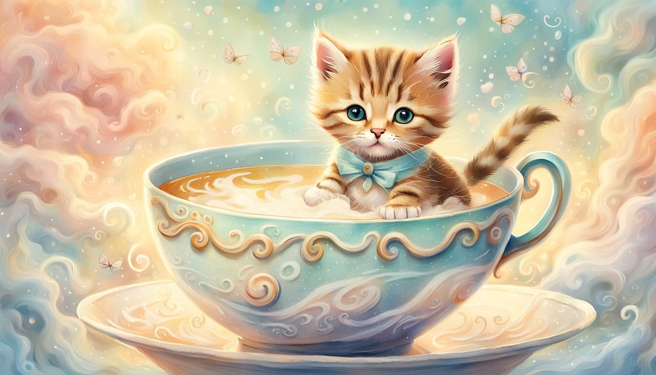 Kitten's Milk Sea Journey: Whimsical Pastel Illustration