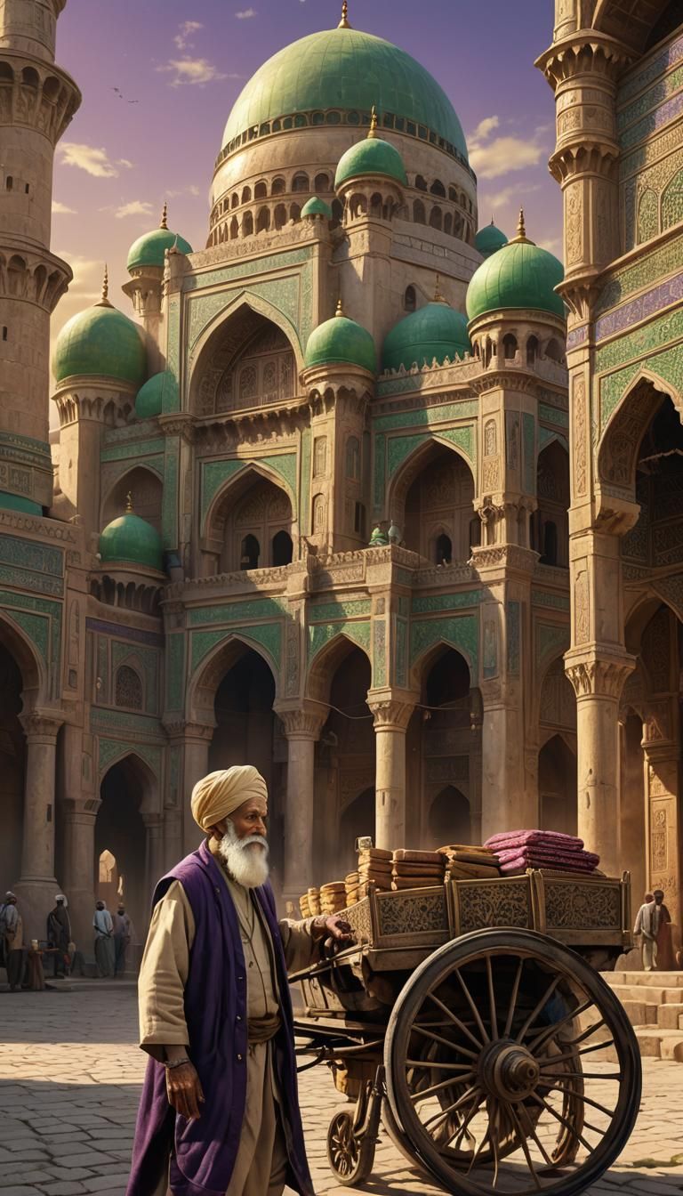 Intricate Mosque Scene with Old Man and Cart