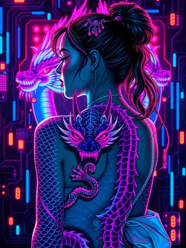 Neon Dragon Tattoo Portrait in Pop Art Anime Style