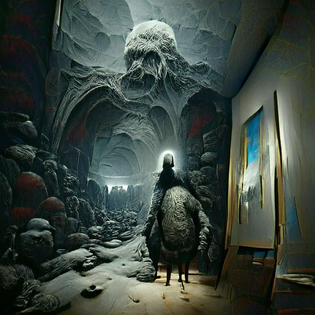 Sinister Shadow Figure in Dark Stone Hallway