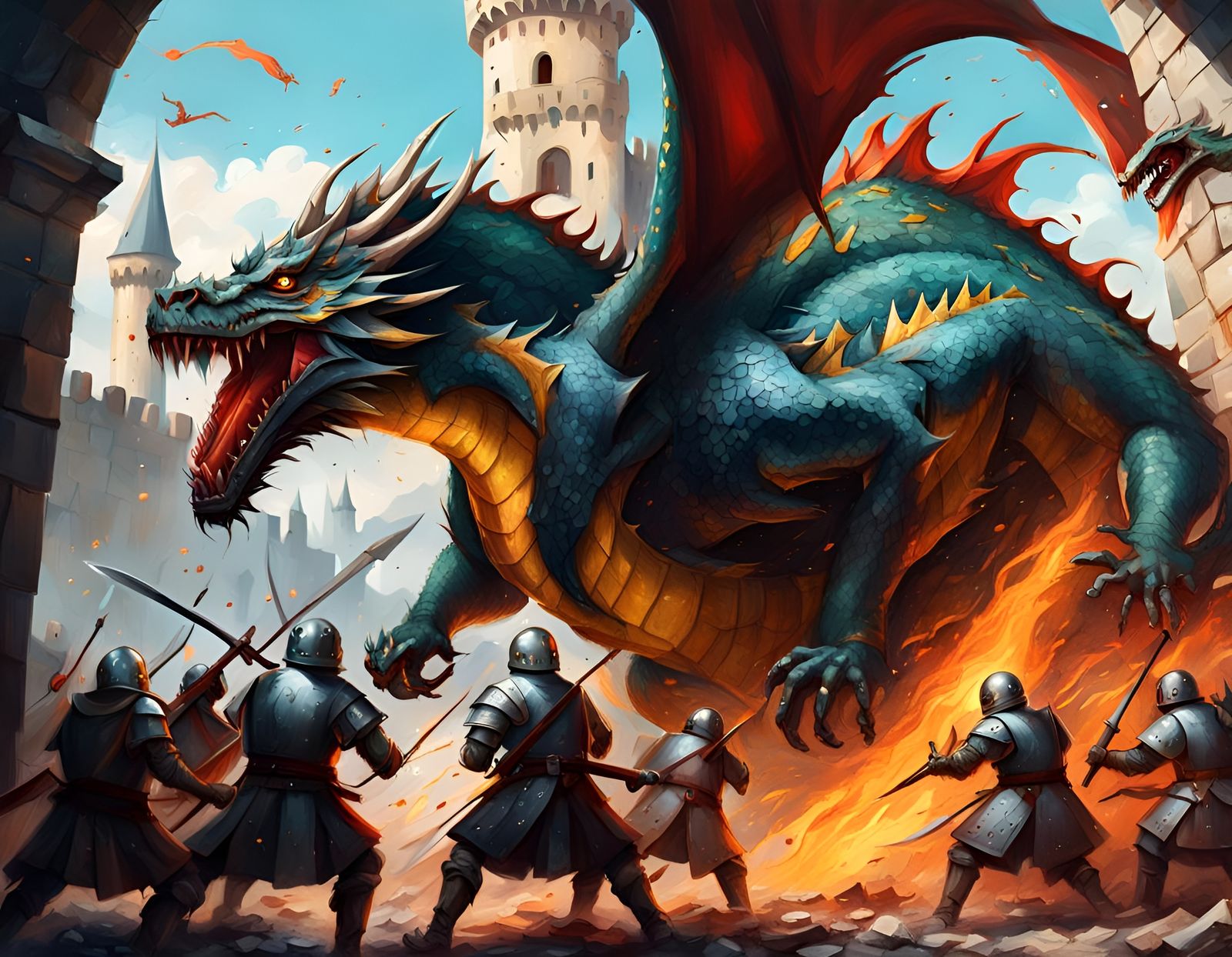 Medieval Battle with Dragon in Graffiti Art