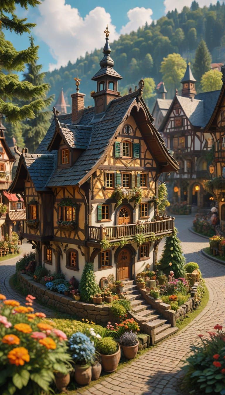 Charming Black Forest Village in Whimsical Folk Art Style