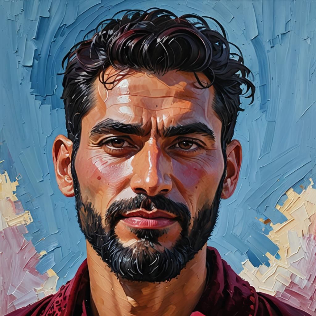 Expressive Portrait of Man in Red Robe as Impasto Painting