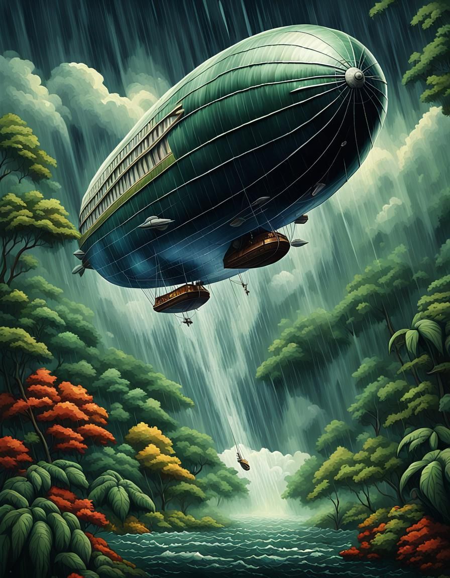 Vintage Airship Poster Flying Through Stormy Jungle