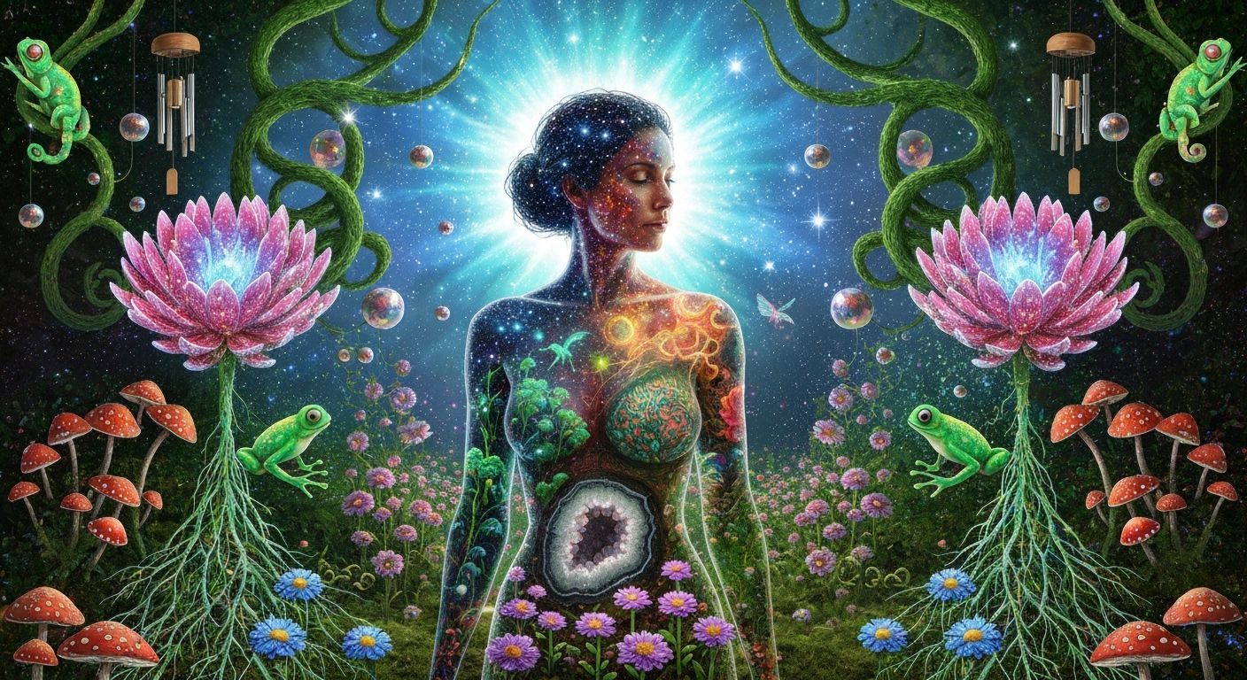 Woman with Stardust Hair in Cosmic Garden