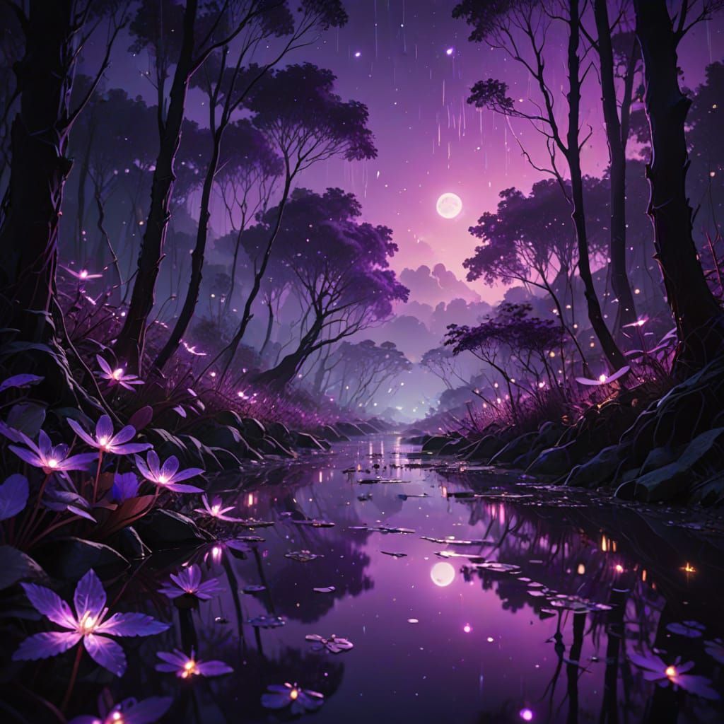 Glowing Purple Twilight Forest Scene with Fireflies and Meta...