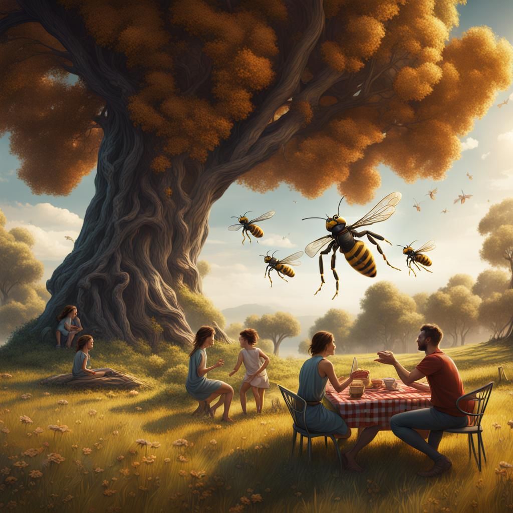 Giant Wasp Attacks Picnic: Detailed Matte Painting