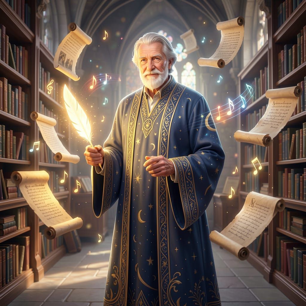 Elderly Memory Keeper in Ancient Library with Light Quill
