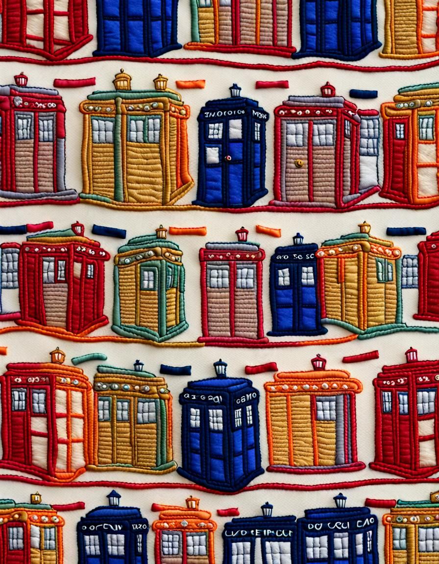 Whimsical Embroidered Tardis in Rich Imperial Colors